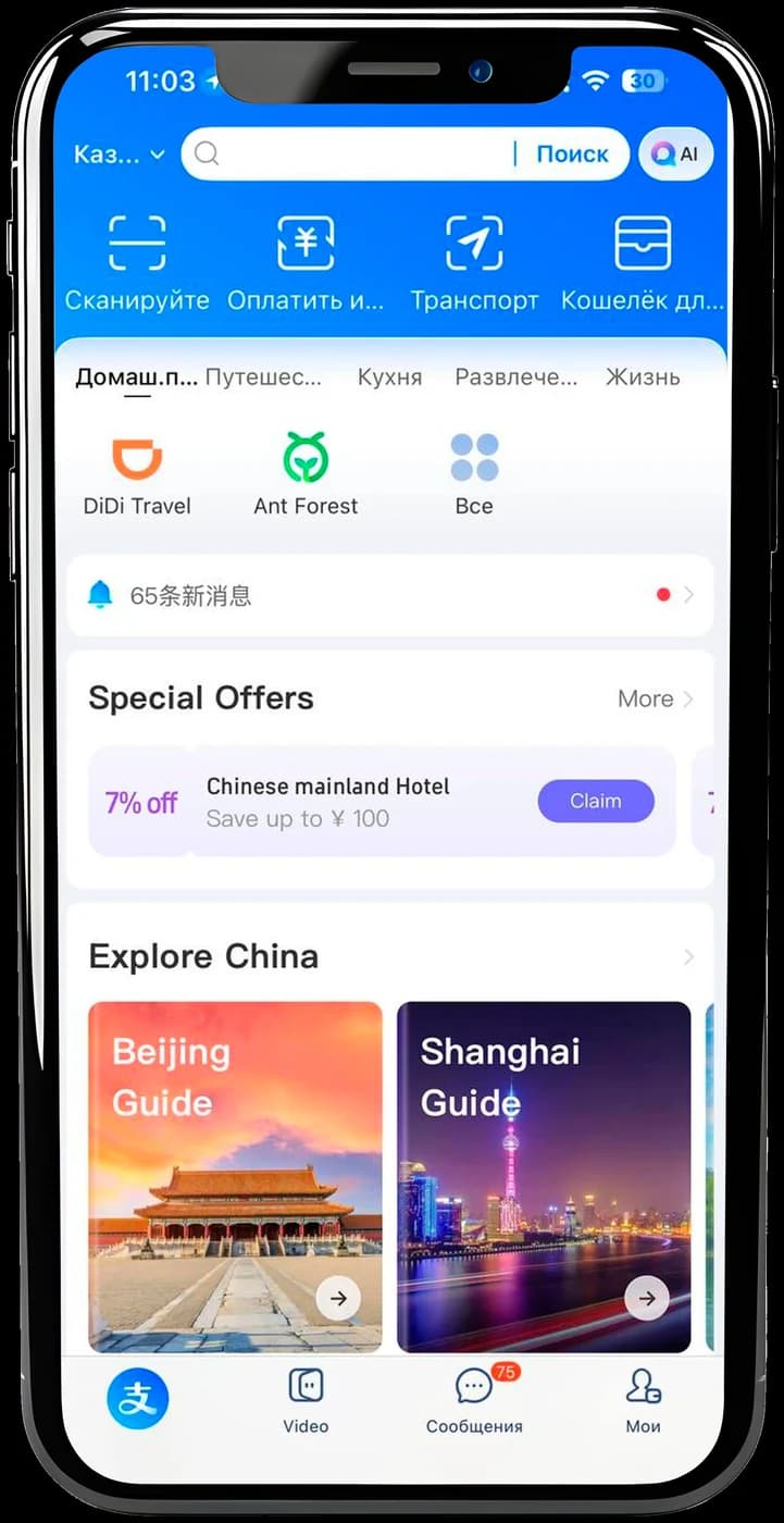 Главный экран Alipay, пункт Мои