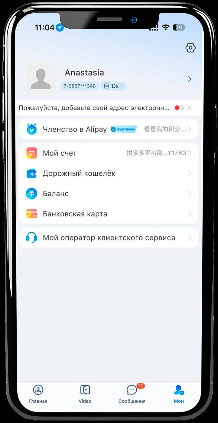 Профиль Alipay, пункт Банковская карта