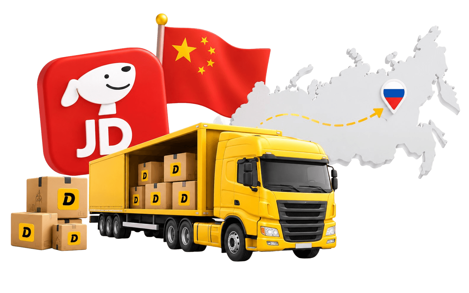 Грузовик Добропост везёт заказы с JD из Китая в Россию